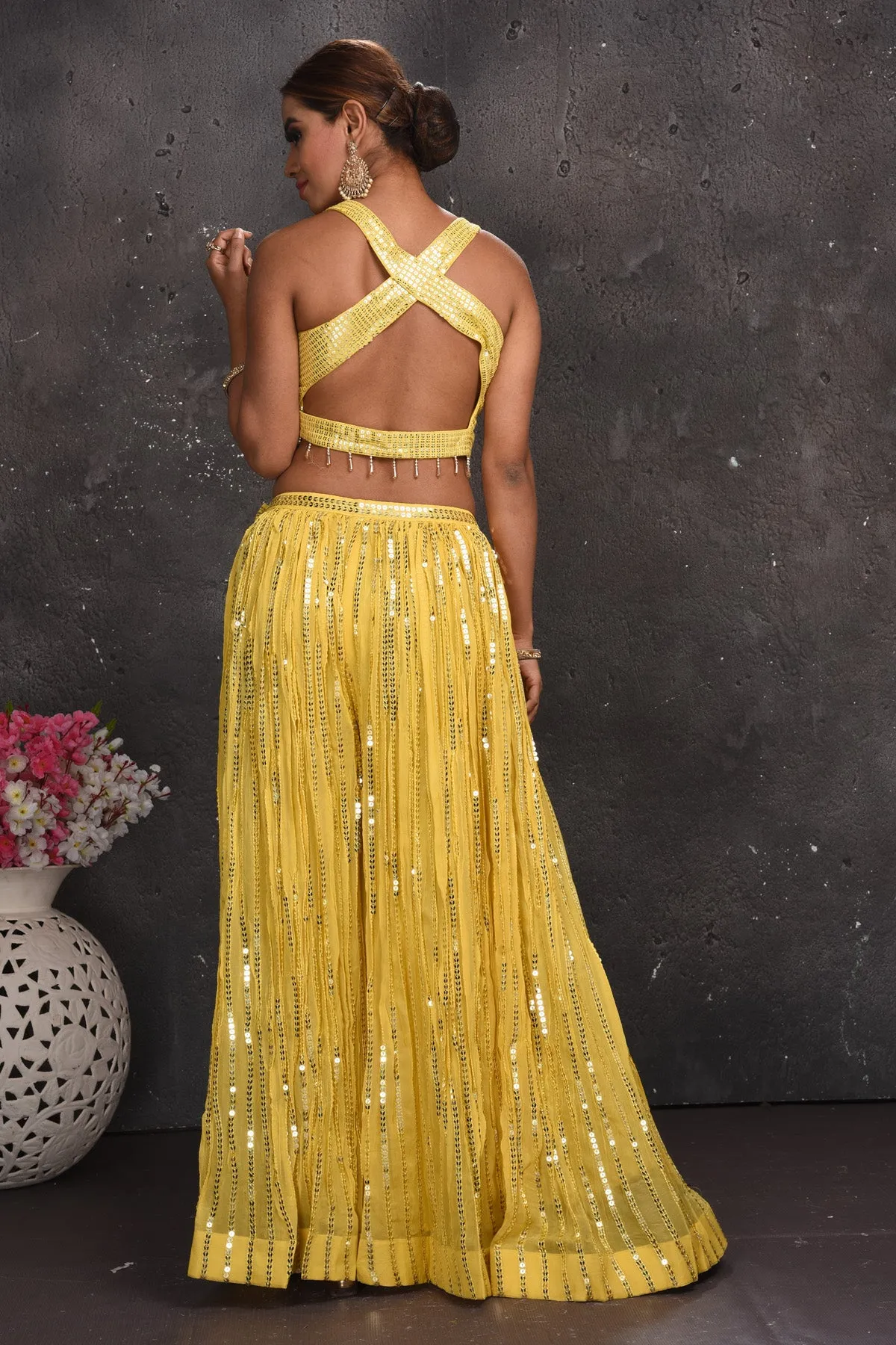 503148 Light Yellow Embellished Palazzo and Crop Top with Dupatta