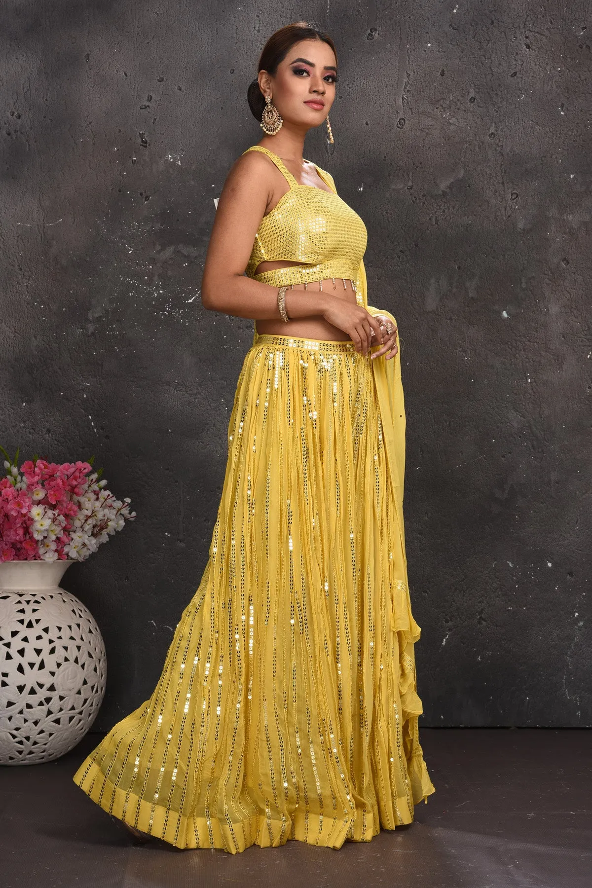 503148 Light Yellow Embellished Palazzo and Crop Top with Dupatta