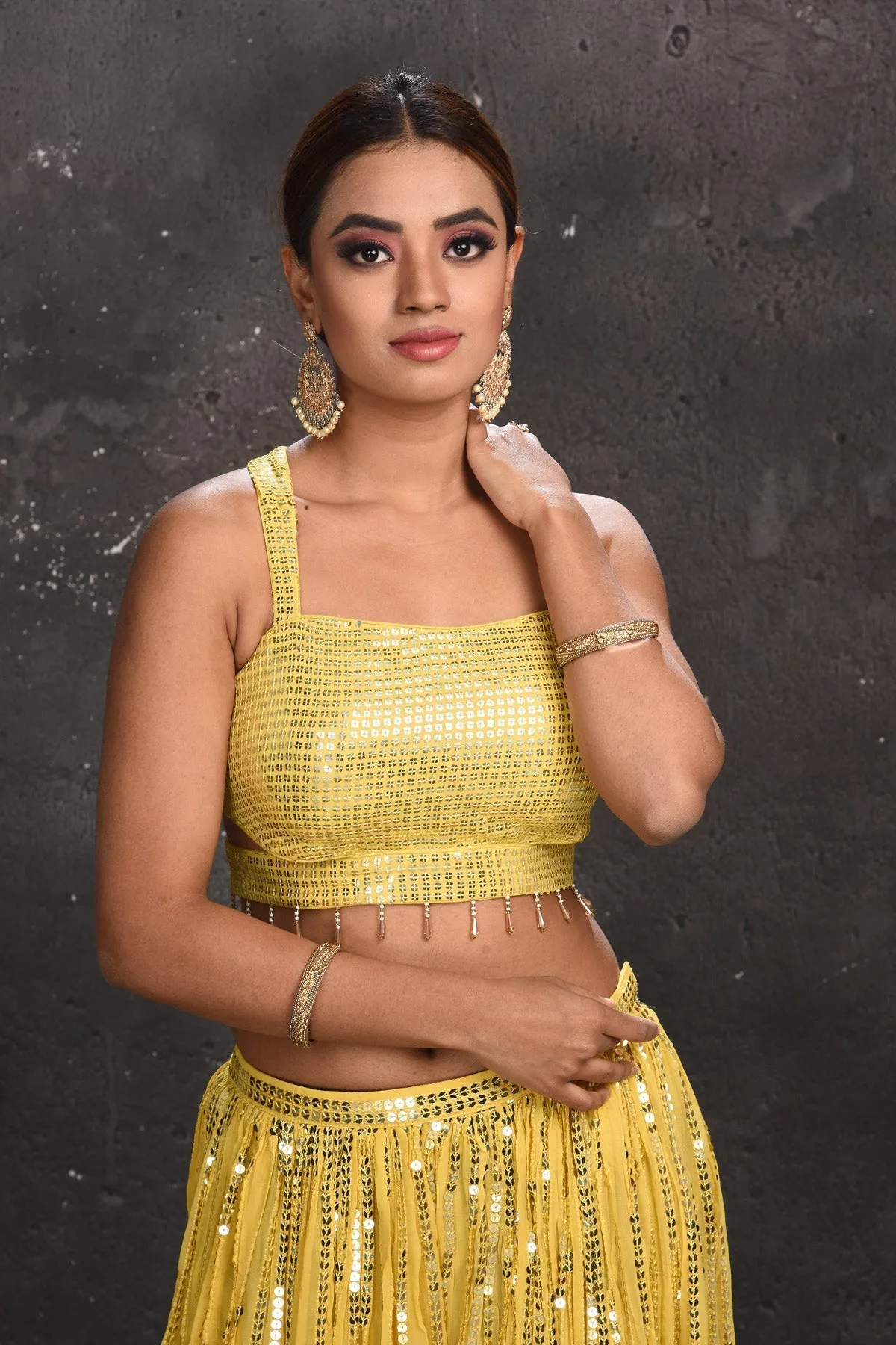 503148 Light Yellow Embellished Palazzo and Crop Top with Dupatta
