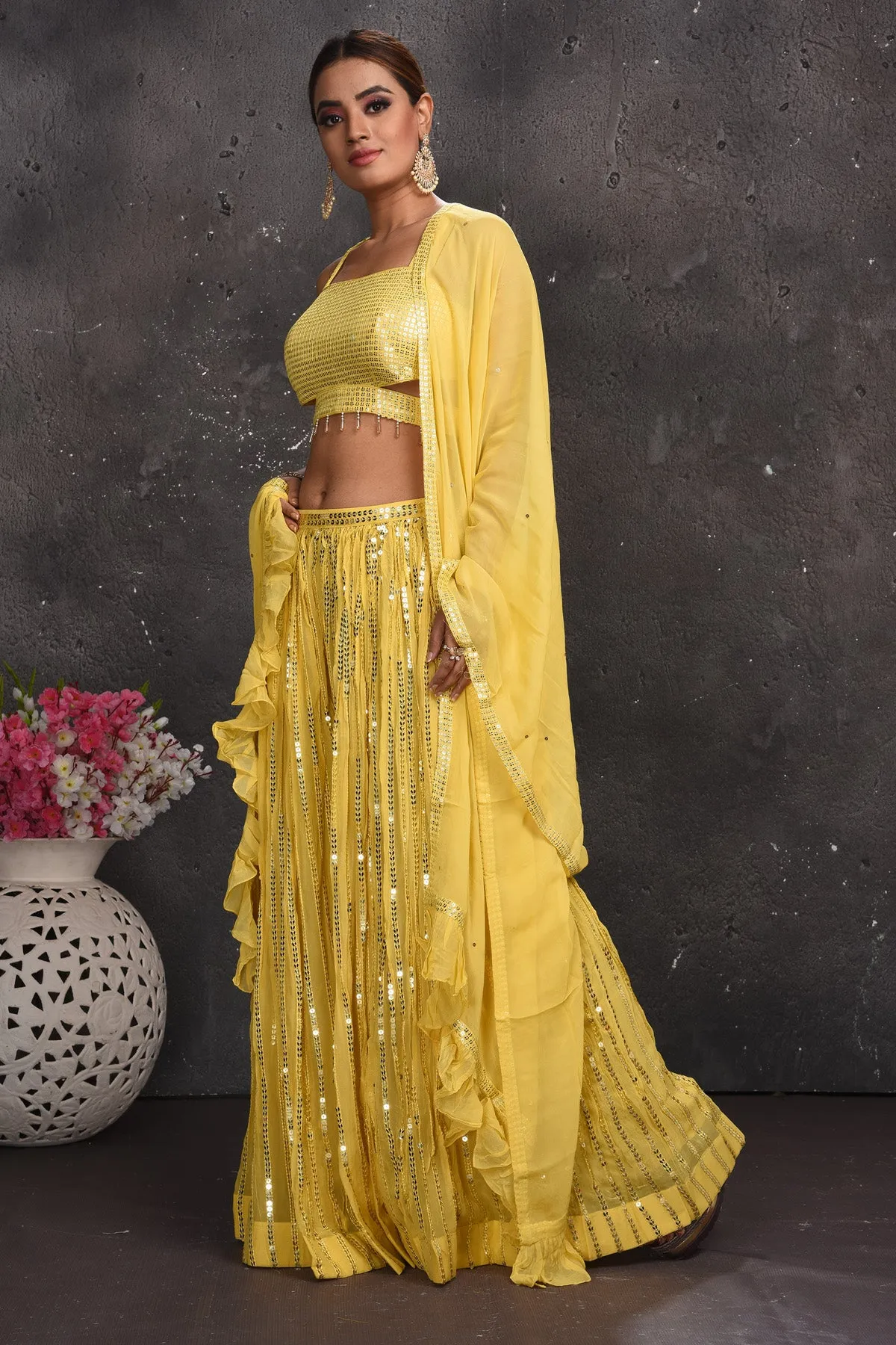503148 Light Yellow Embellished Palazzo and Crop Top with Dupatta