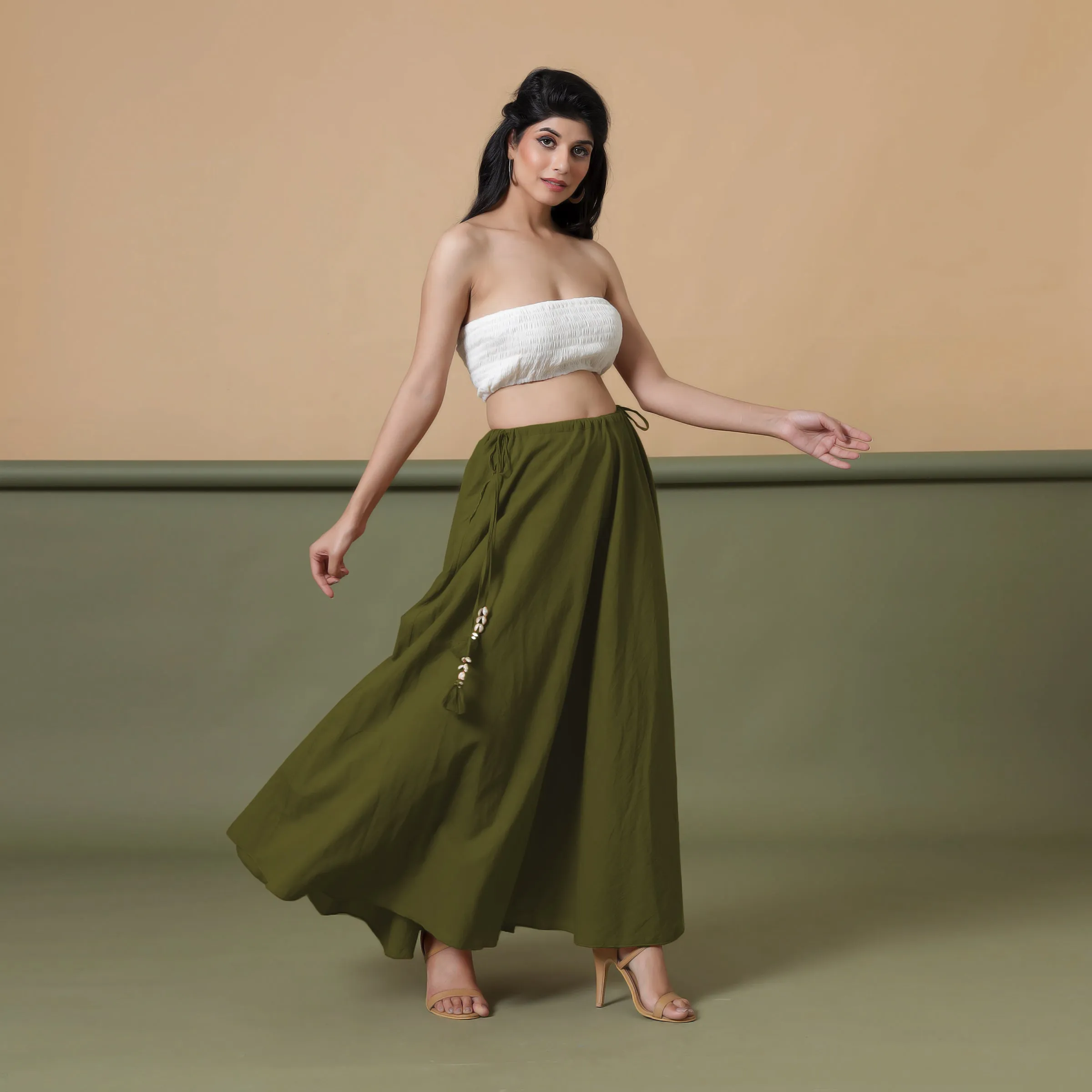 6-Way Convertible Moss Green Tie-Dye Cotton Skirt Dress