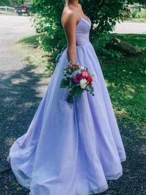 A Line V Neck Purple Backless Prom Dresses, Open Back Purple Formal Evening Dresses