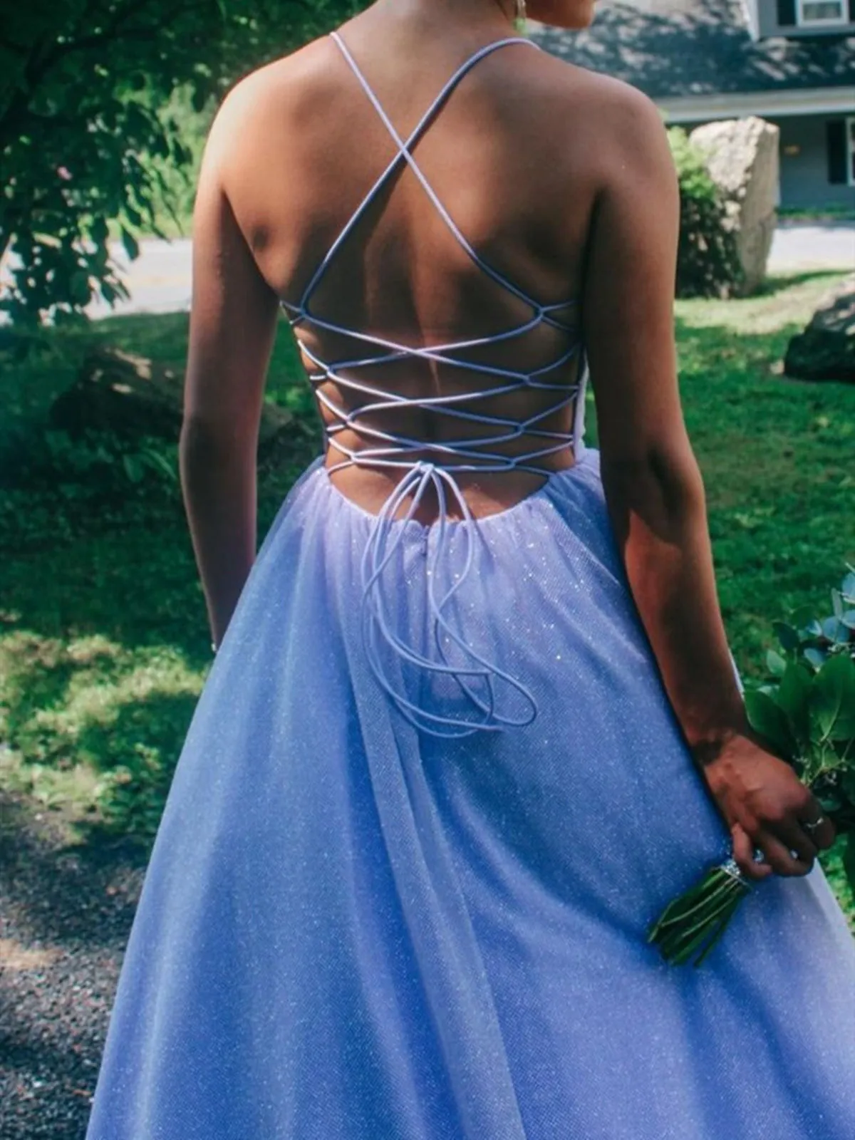A Line V Neck Purple Backless Prom Dresses, Open Back Purple Formal Evening Dresses