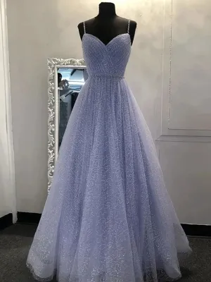 A Line V Neck Purple Tulle Prom Dresses, V Neck Purple Tulle Formal Evening Dresses