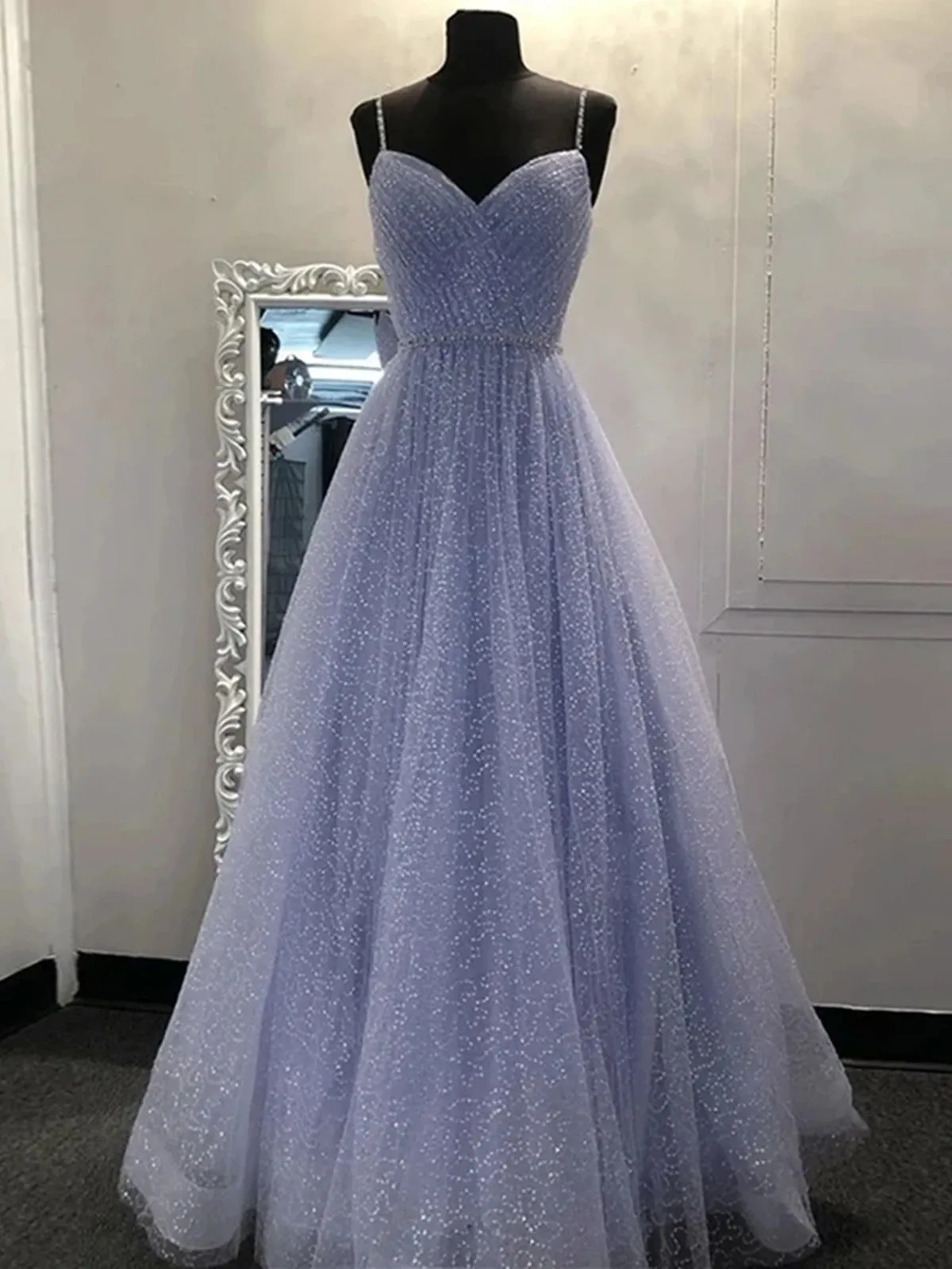 A Line V Neck Purple Tulle Prom Dresses, V Neck Purple Tulle Formal Evening Dresses