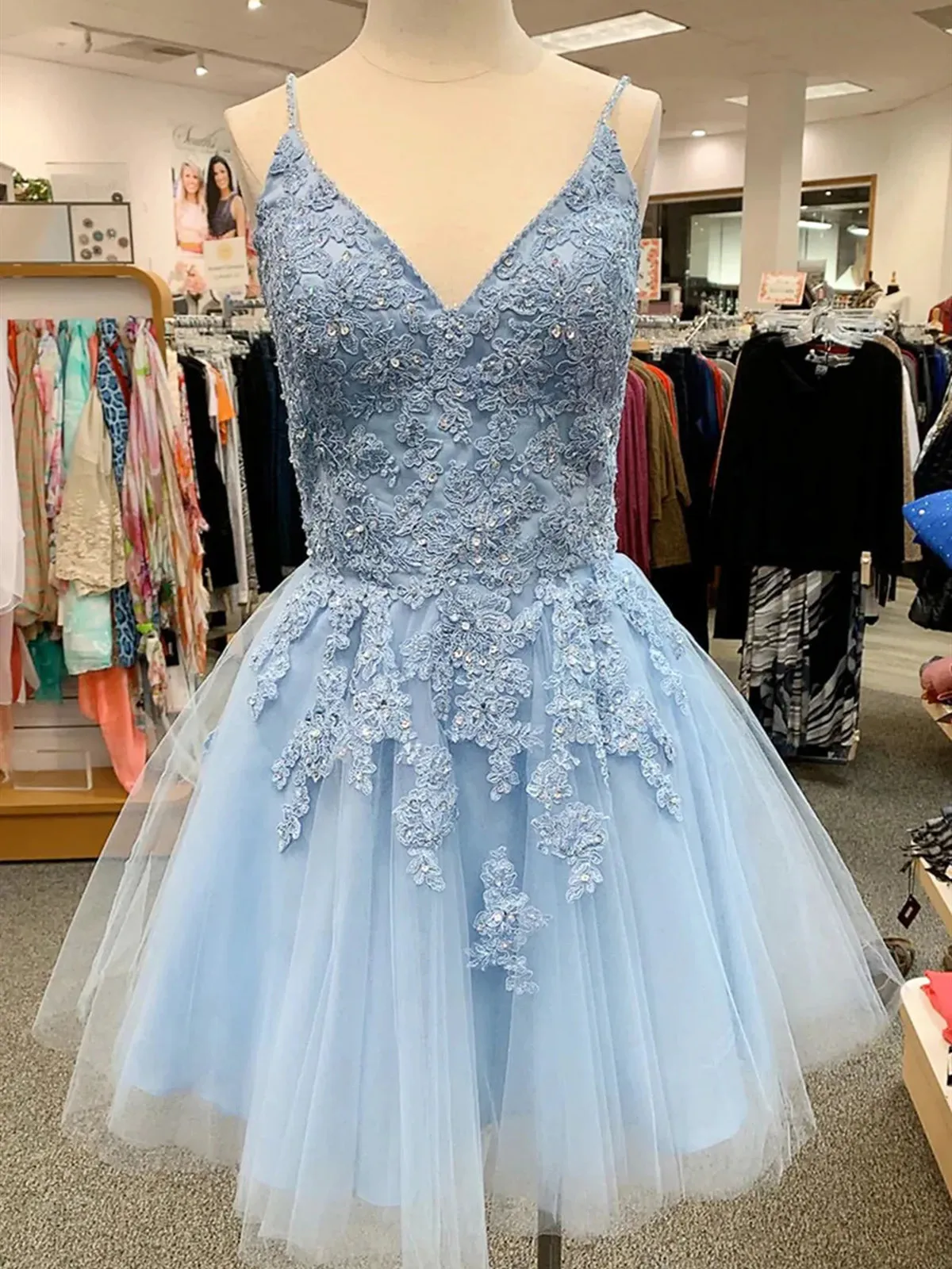 A Line V Neck Short Light Blue Lace Prom Dresses, Short Light Blue Lace Homecoming Dresses