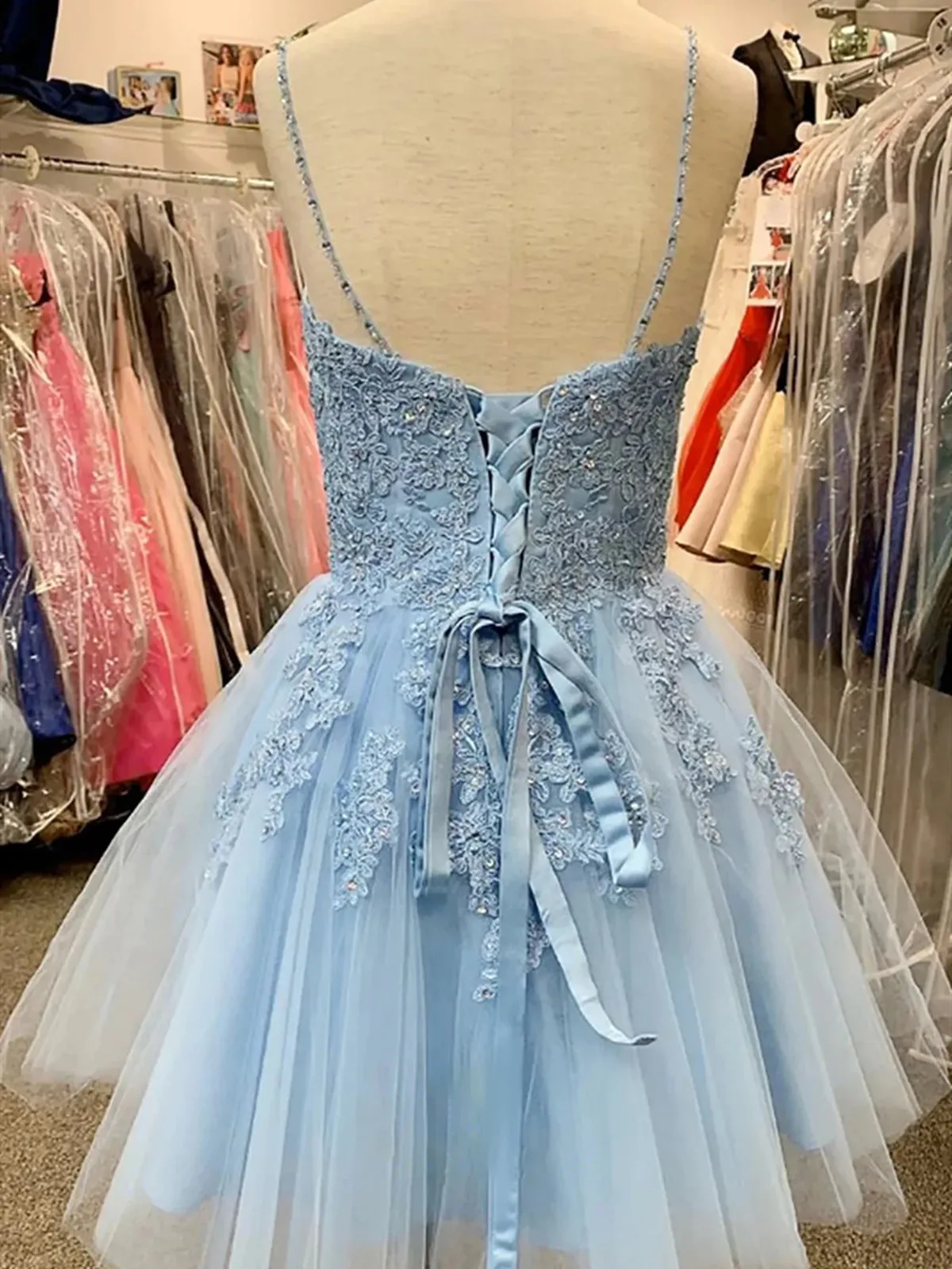 A Line V Neck Short Light Blue Lace Prom Dresses, Short Light Blue Lace Homecoming Dresses