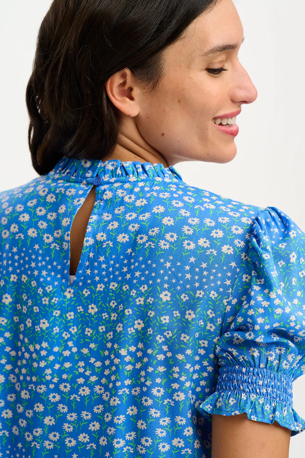 Alison Shirred Top - Blue, Ditsy Star Stripe