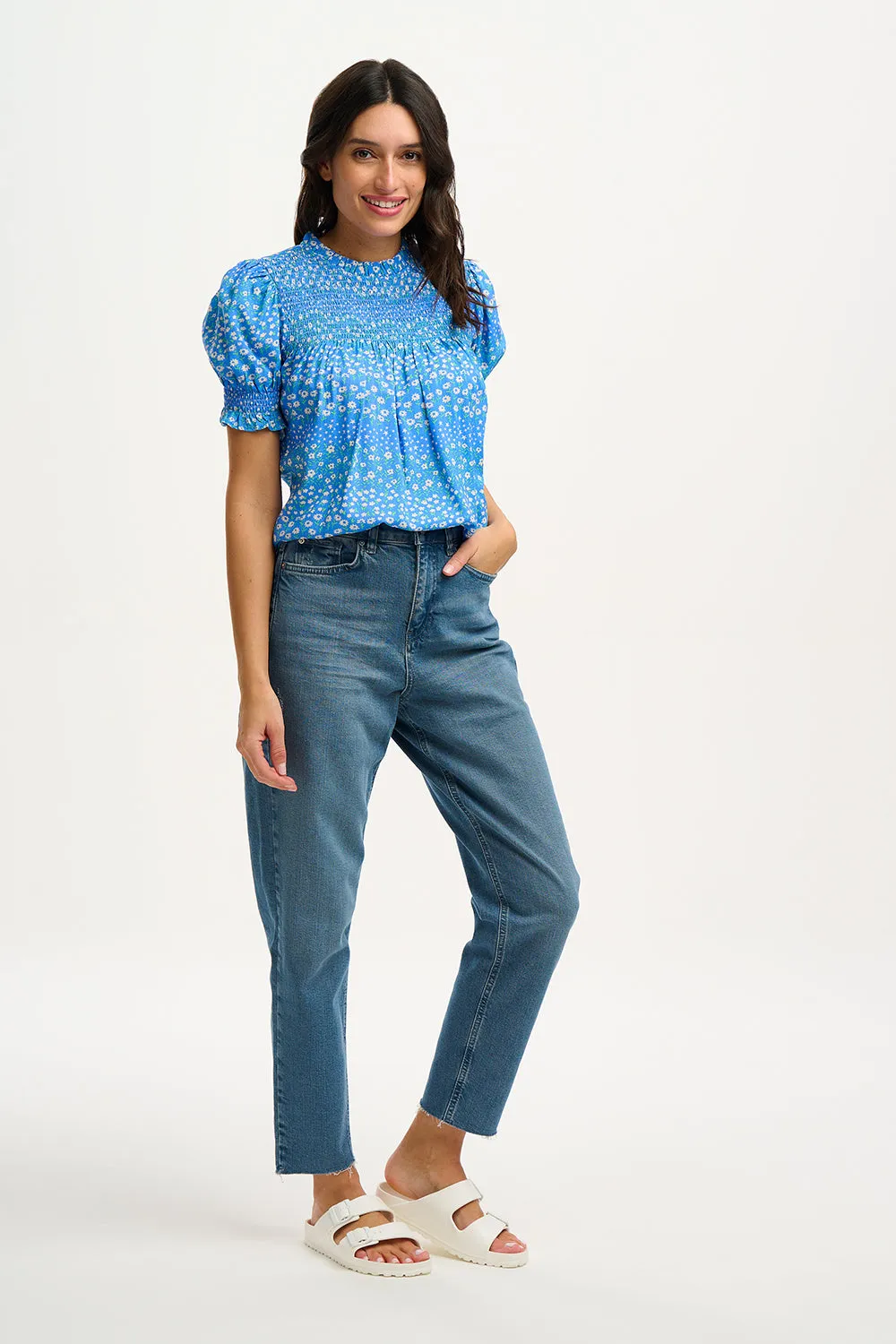Alison Shirred Top - Blue, Ditsy Star Stripe