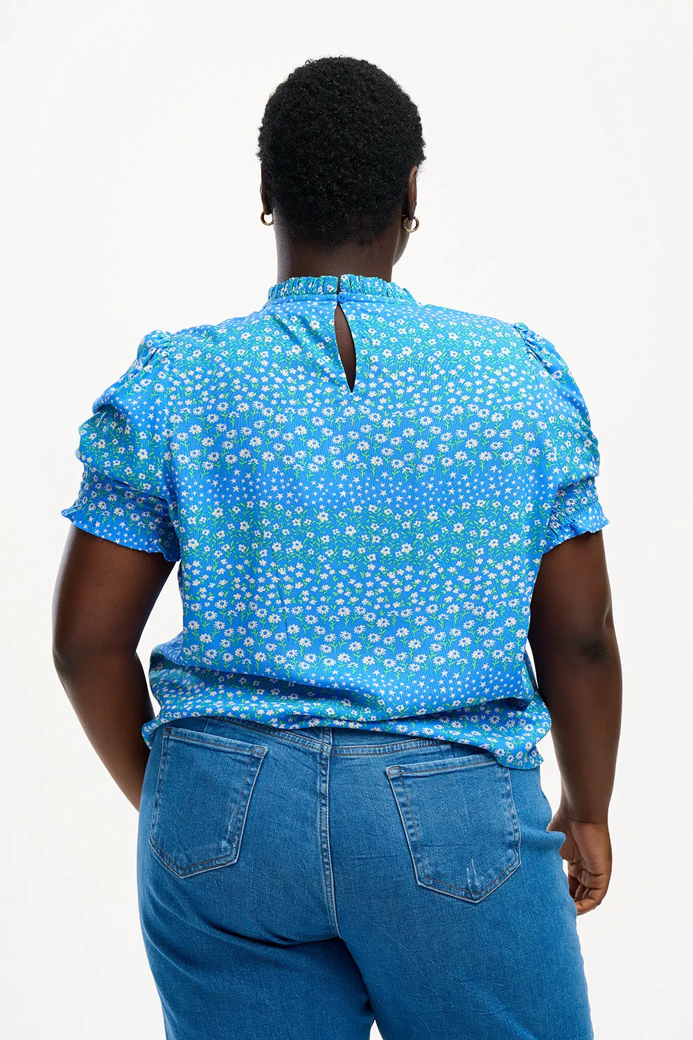 Alison Shirred Top - Blue, Ditsy Star Stripe