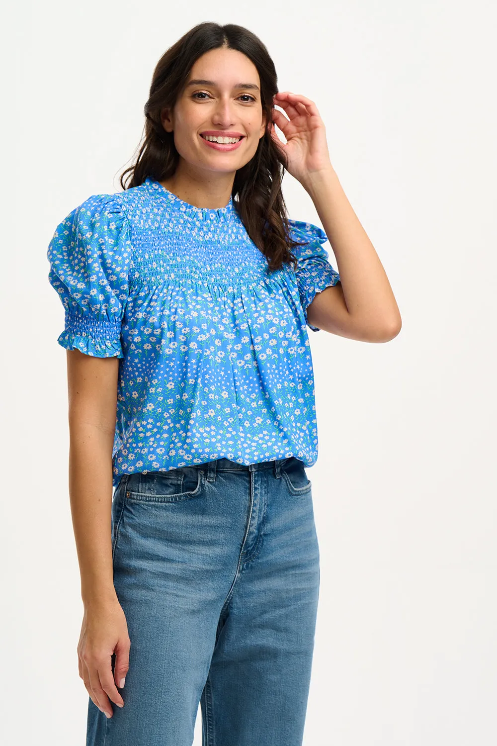 Alison Shirred Top - Blue, Ditsy Star Stripe