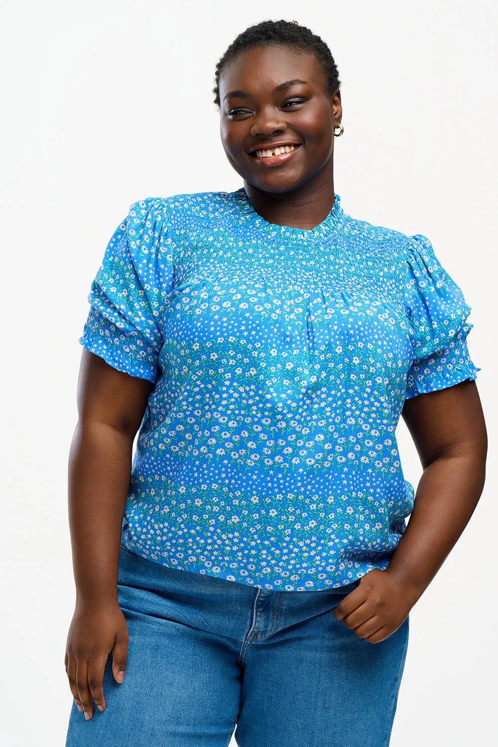 Alison Shirred Top - Blue, Ditsy Star Stripe