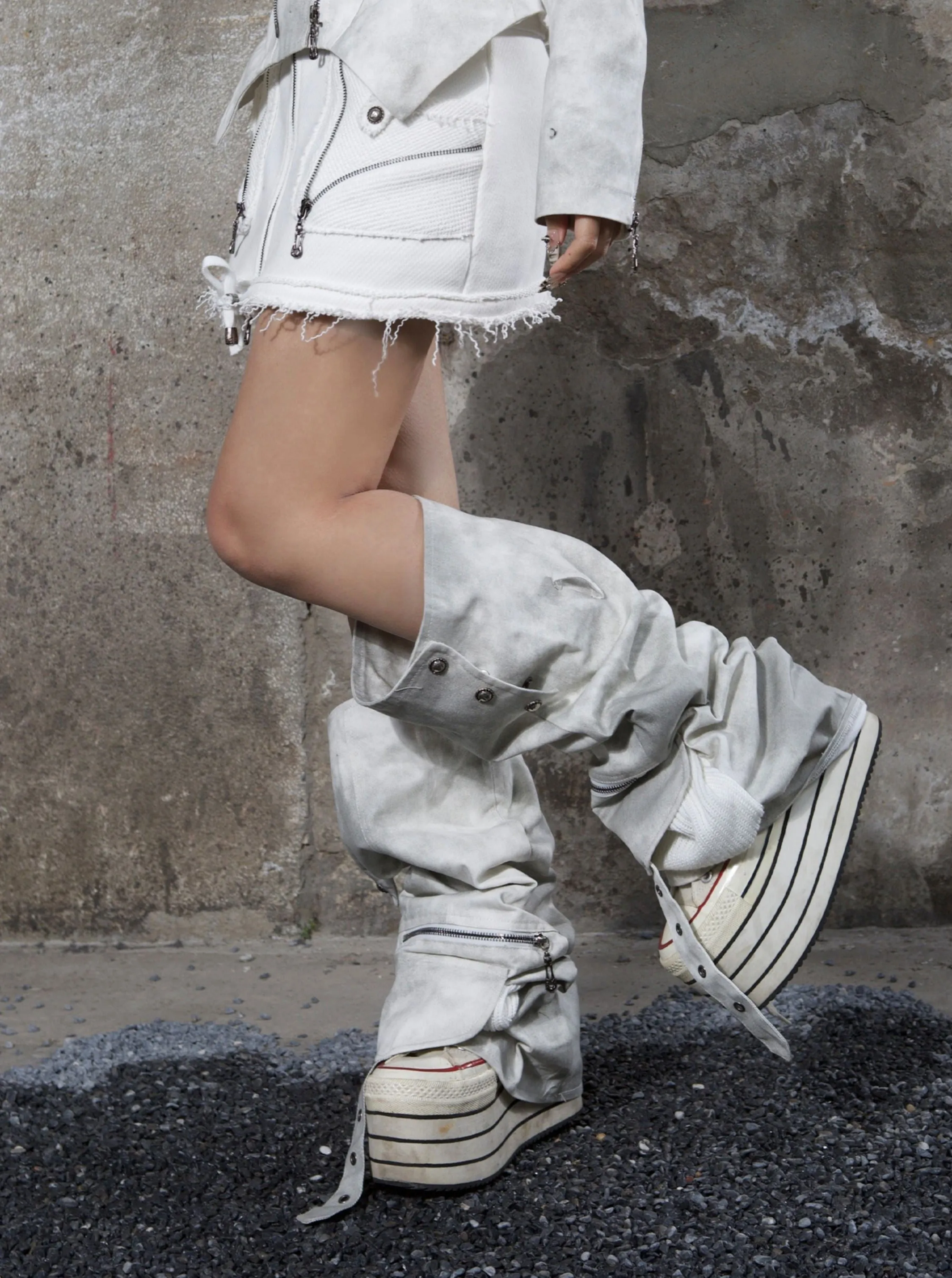 ARIADNAw Edgy Utility Mini Skirt with Matching Boots - Light Gray (Women's)