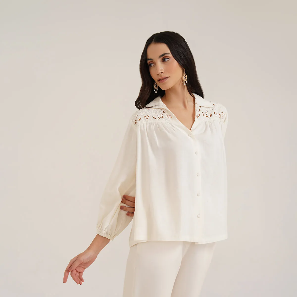 B77 HEKA Stylish Women's Linen Shirt with Cutwork Embroidery
