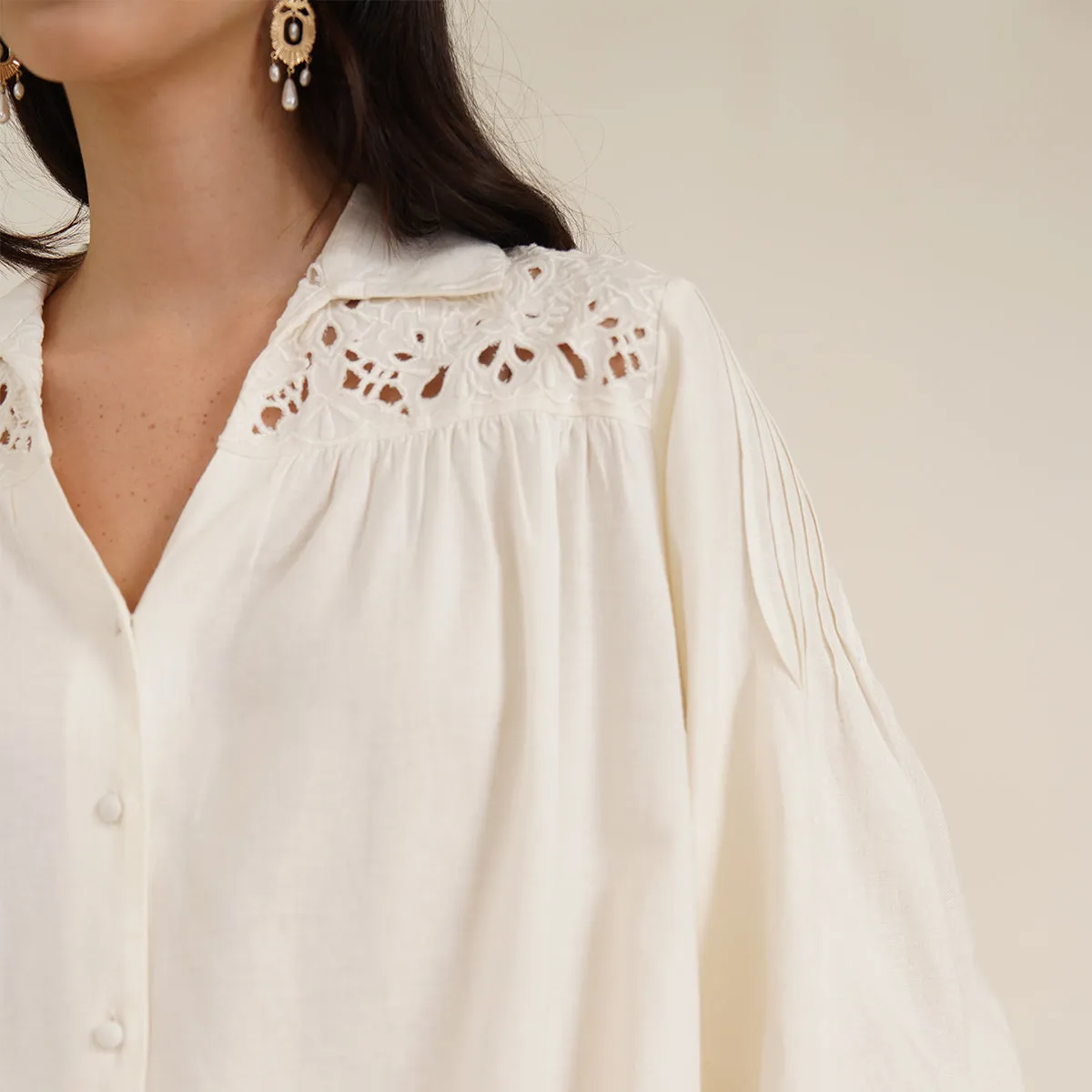 B77 HEKA Stylish Women's Linen Shirt with Cutwork Embroidery
