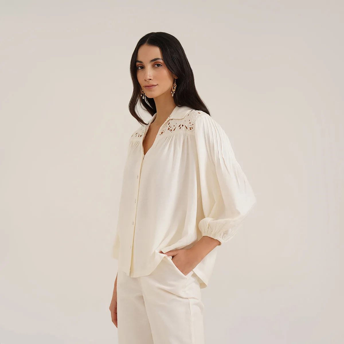 B77 HEKA Stylish Women's Linen Shirt with Cutwork Embroidery