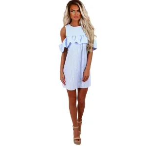 Bear Shoulder Ruffles Stripes Loose Short Dress