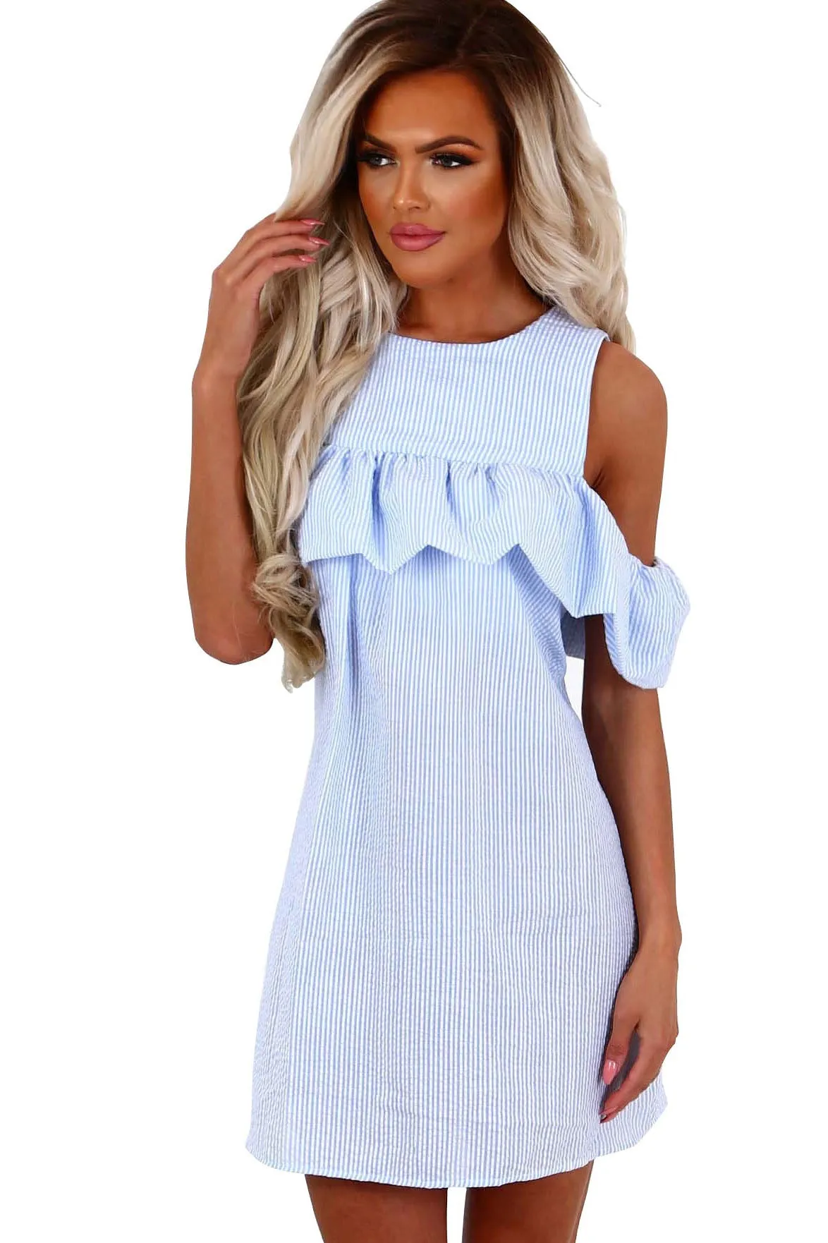 Bear Shoulder Ruffles Stripes Loose Short Dress