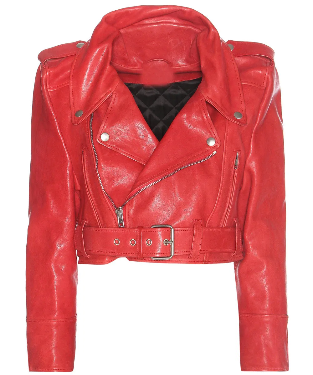 Bebe Rexha The Way I Are Red Cropped Leather Jacket | Women Celebrity Leather Jacket