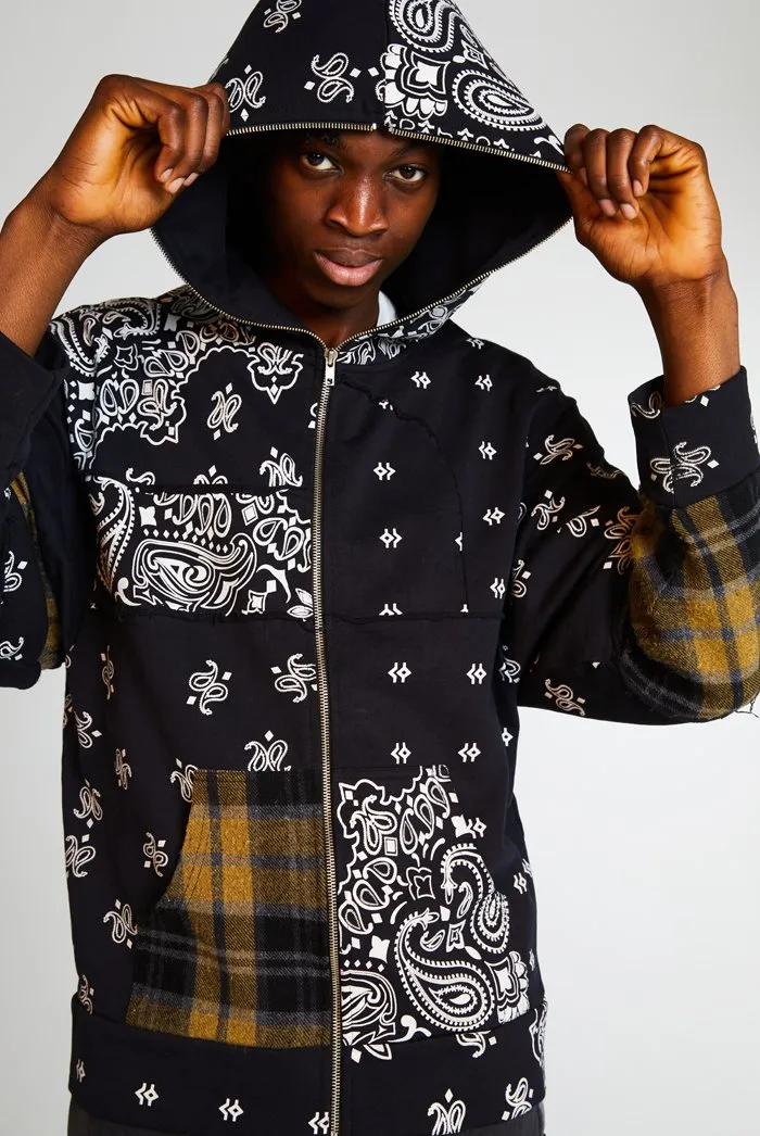 Black Paisley Cut & Sew Zip Up Hoodie