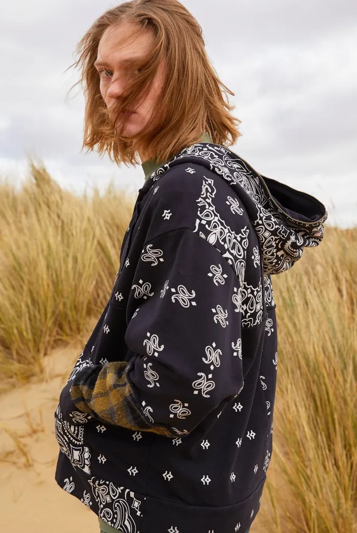 Black Paisley Cut & Sew Zip Up Hoodie