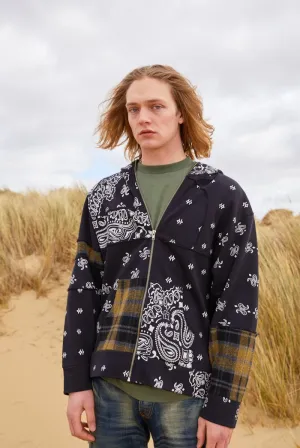 Black Paisley Cut & Sew Zip Up Hoodie