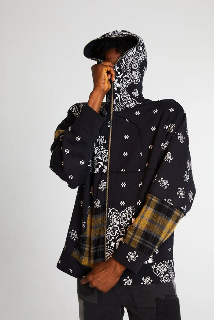 Black Paisley Cut & Sew Zip Up Hoodie