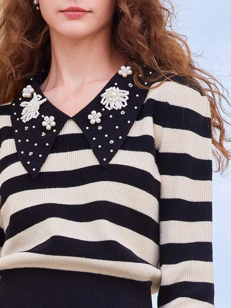 Black&White Stripe Pearl Lapel Collar Knitwear