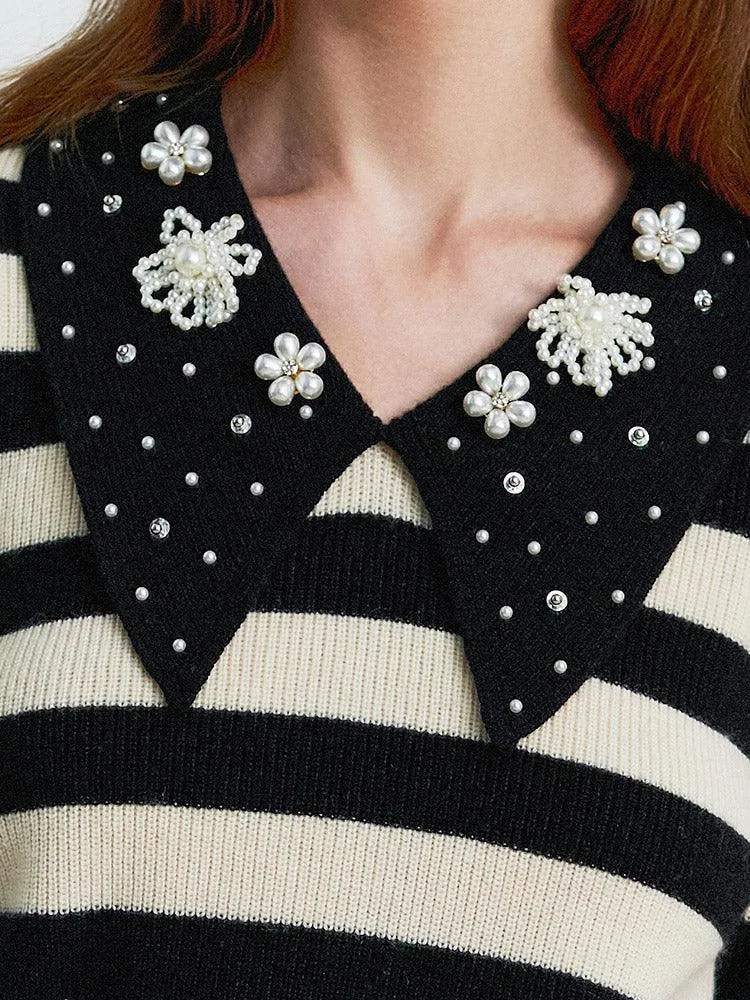 Black&White Stripe Pearl Lapel Collar Knitwear
