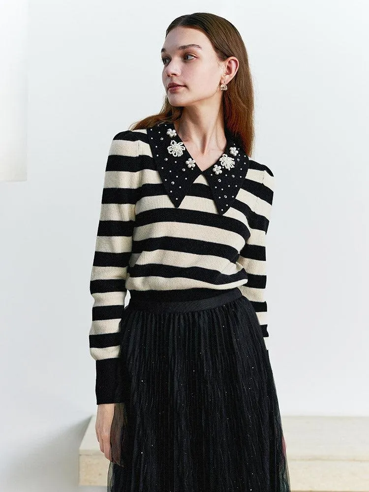 Black&White Stripe Pearl Lapel Collar Knitwear