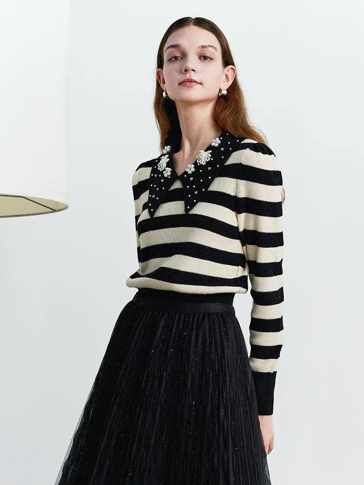 Black&White Stripe Pearl Lapel Collar Knitwear