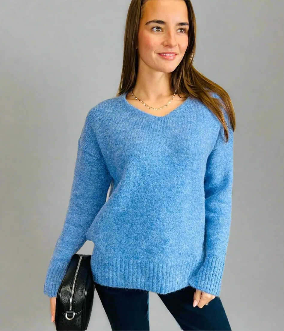Blue V Neck Wool Blend Jumper
