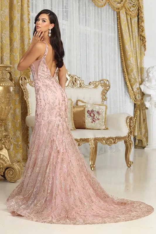 Blush Deep V Neck Golden Glitter Print Mermaid Dress