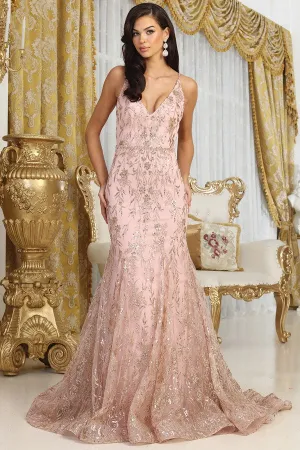 Blush Deep V Neck Golden Glitter Print Mermaid Dress
