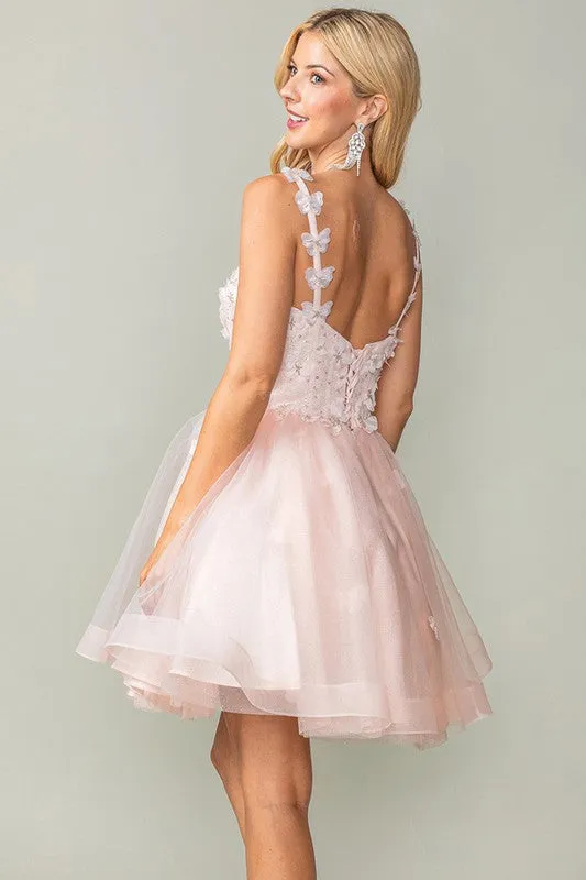 Blush Sweetheart Butterfly Applique Horsehair Short Dress