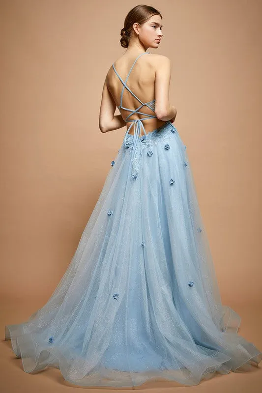 Dusty Blue Sleeveless Deep V Neck A Line Gown