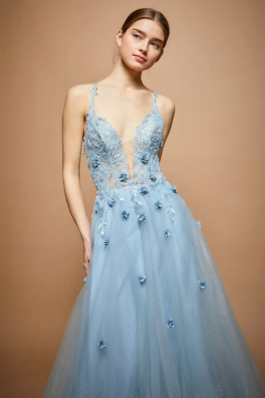 Dusty Blue Sleeveless Deep V Neck A Line Gown