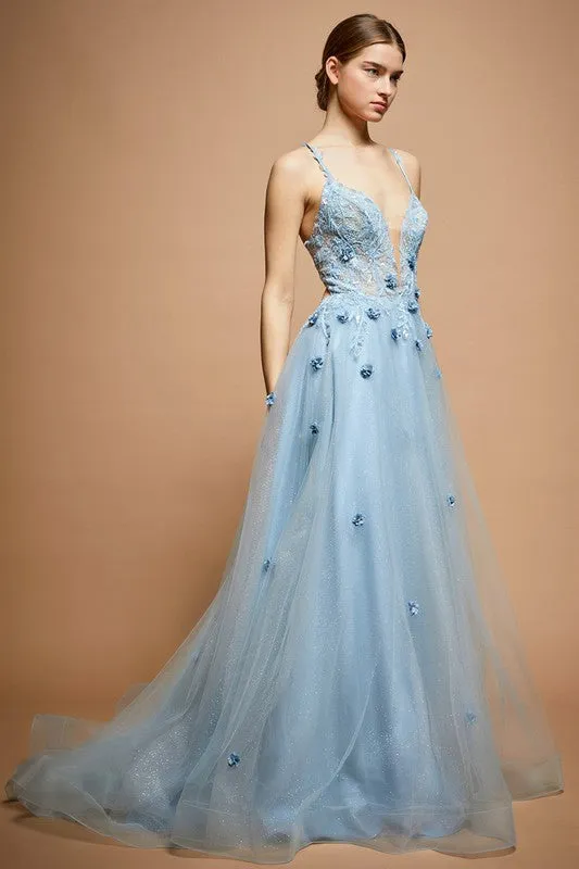 Dusty Blue Sleeveless Deep V Neck A Line Gown