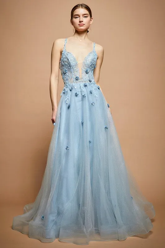 Dusty Blue Sleeveless Deep V Neck A Line Gown