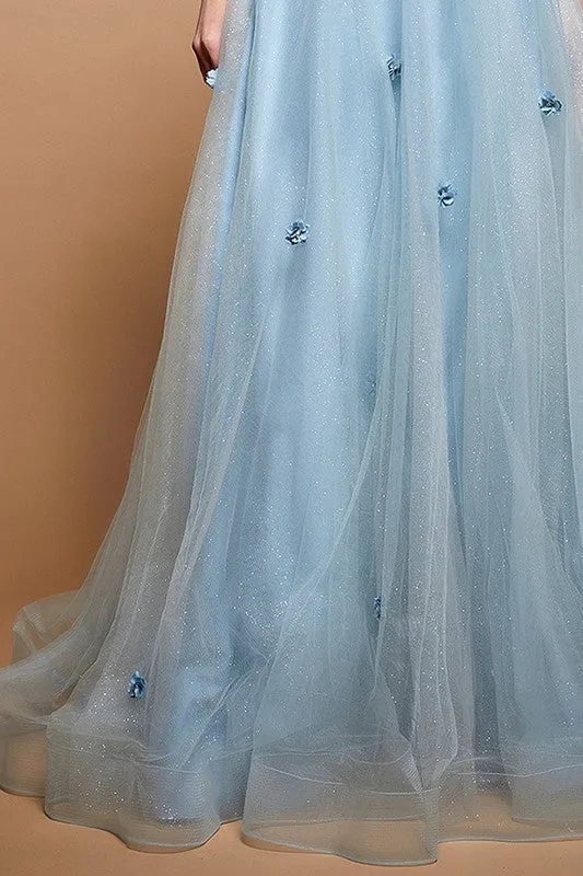 Dusty Blue Sleeveless Deep V Neck A Line Gown
