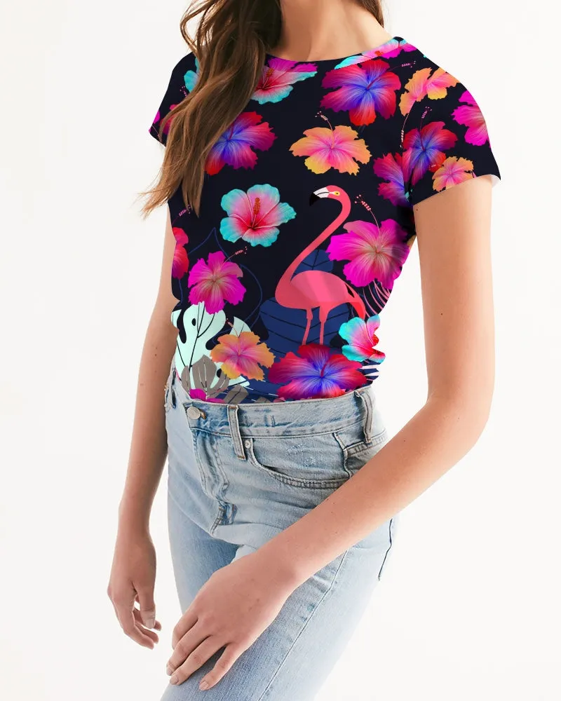 Floral Hibiscus Flamingos Women's Tee