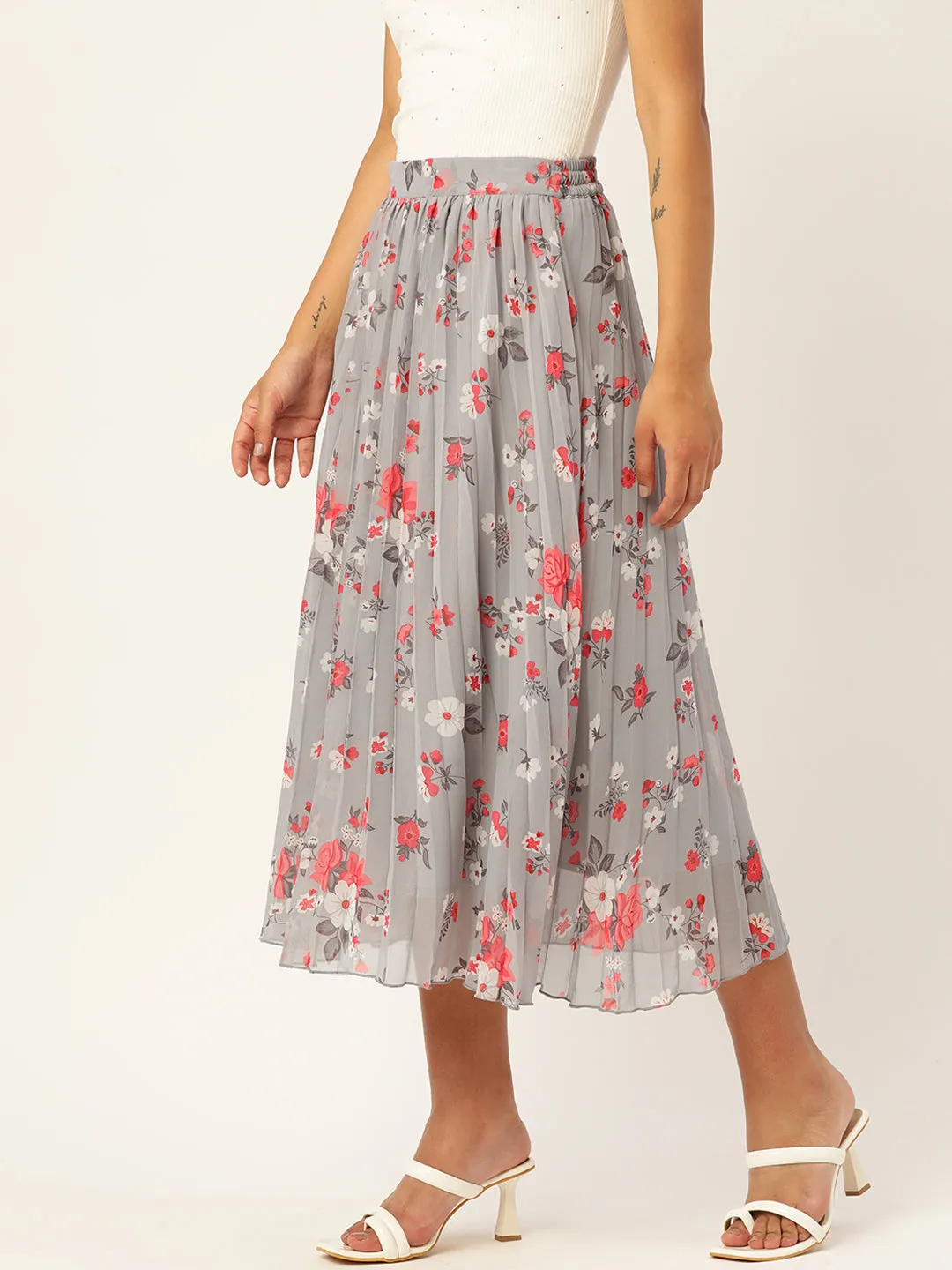 Floral Printed Accordion Pleated Midi Skirt