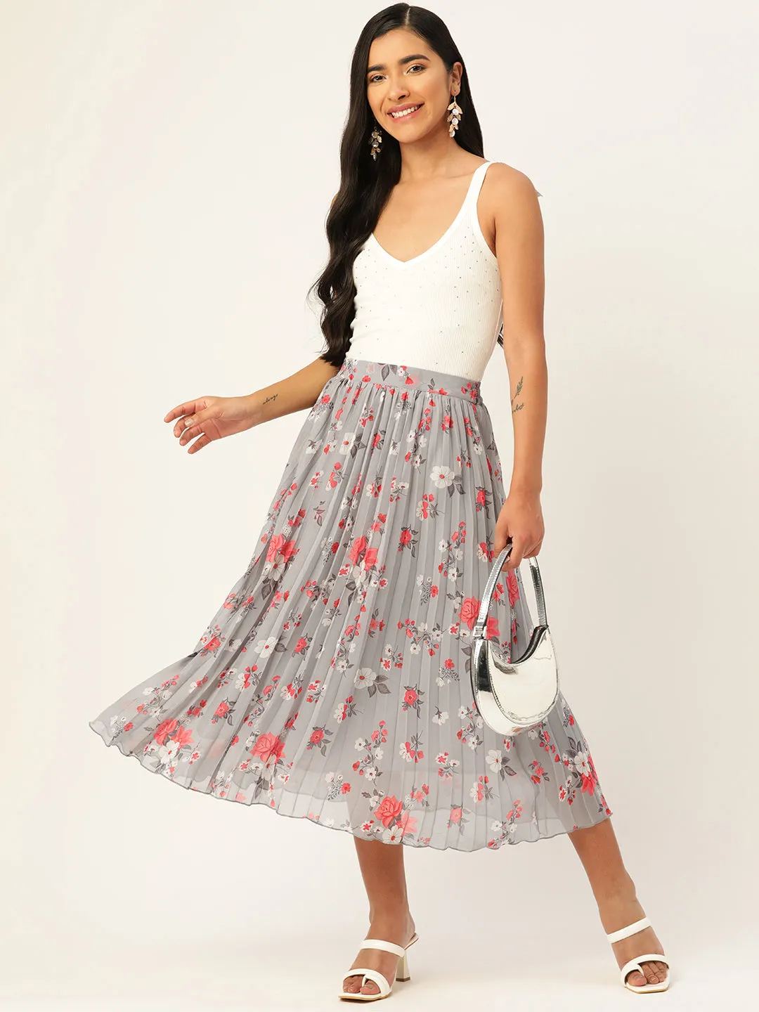 Floral Printed Accordion Pleated Midi Skirt
