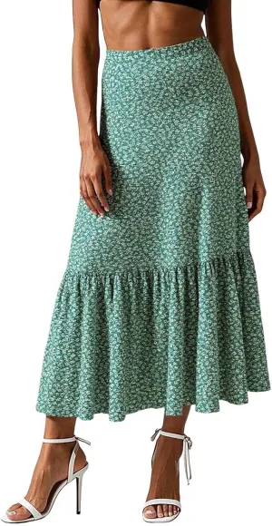 Flowy Skirts for Women High Waist Drawstring Floral Boho Casual Skorts Pleated Vacation A Line Long Maxi Skirts Dress