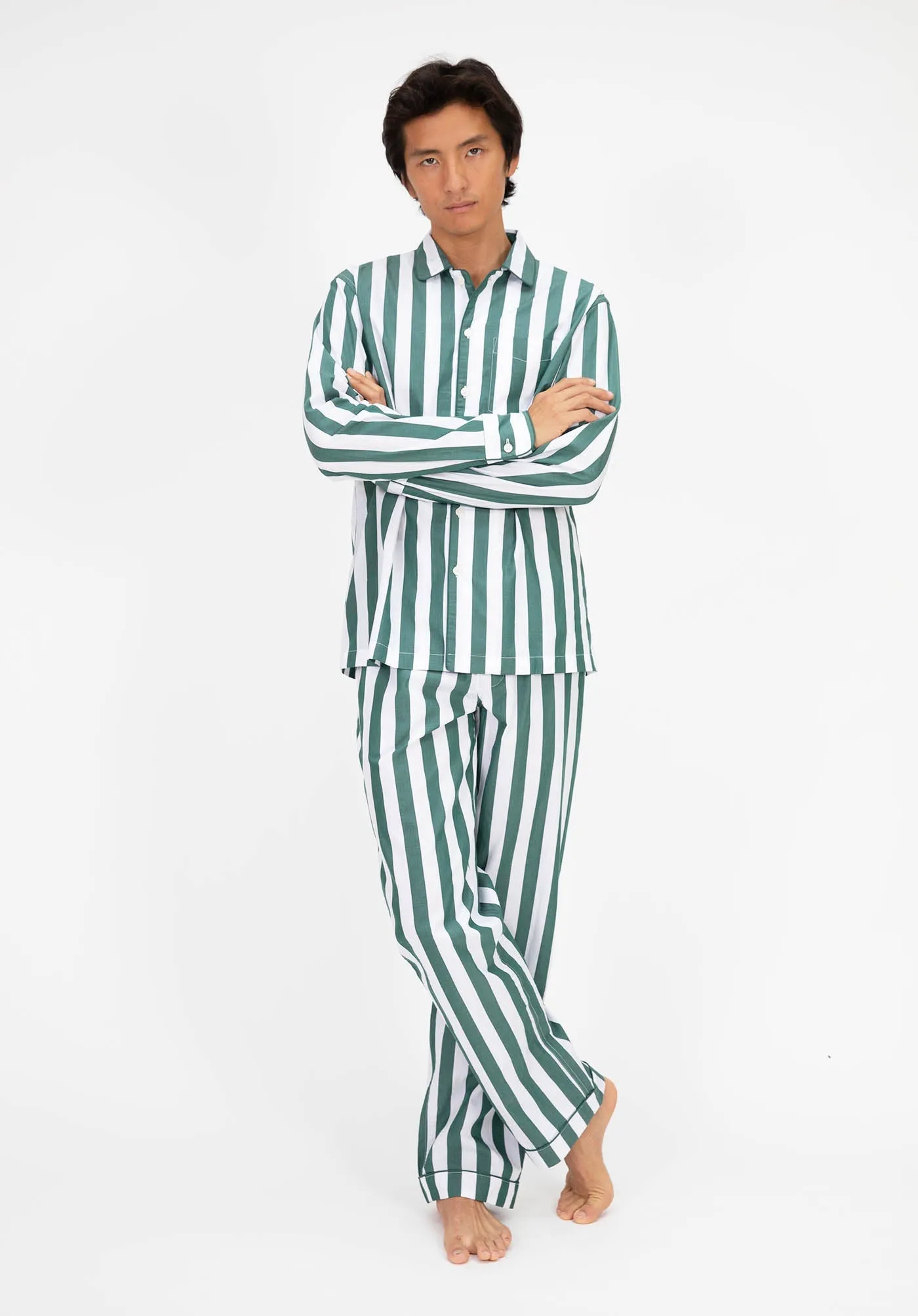 Henry Pajama Set in Green & White Tent Stripe