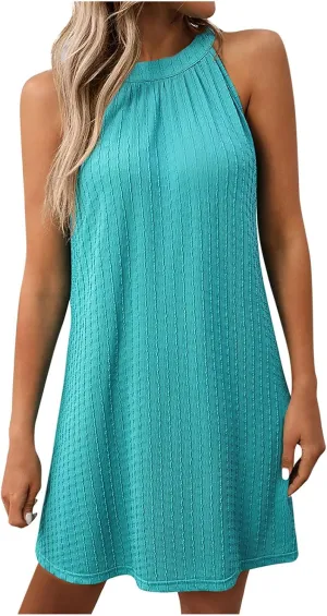 hlysgo Beach Dresses for Women Casual Loose Fit Sleeveless Halter Neck Mini Sundress 2025 Summer Short Going Out Dress