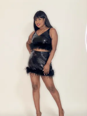 Honoko Sequin / Feather Skirt (Black)