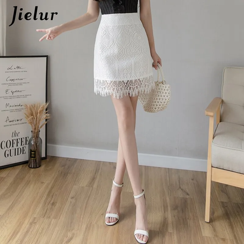Jielur Lace Women Skirt Solid Color Slim High Waist Saia Faldas New