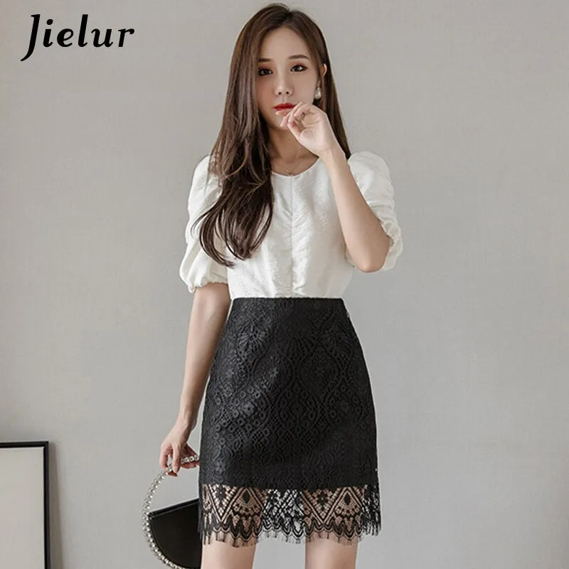 Jielur Lace Women Skirt Solid Color Slim High Waist Saia Faldas New