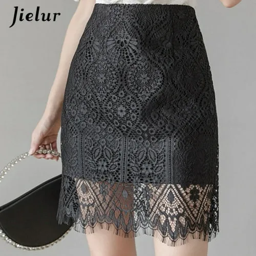Jielur Lace Women Skirt Solid Color Slim High Waist Saia Faldas New
